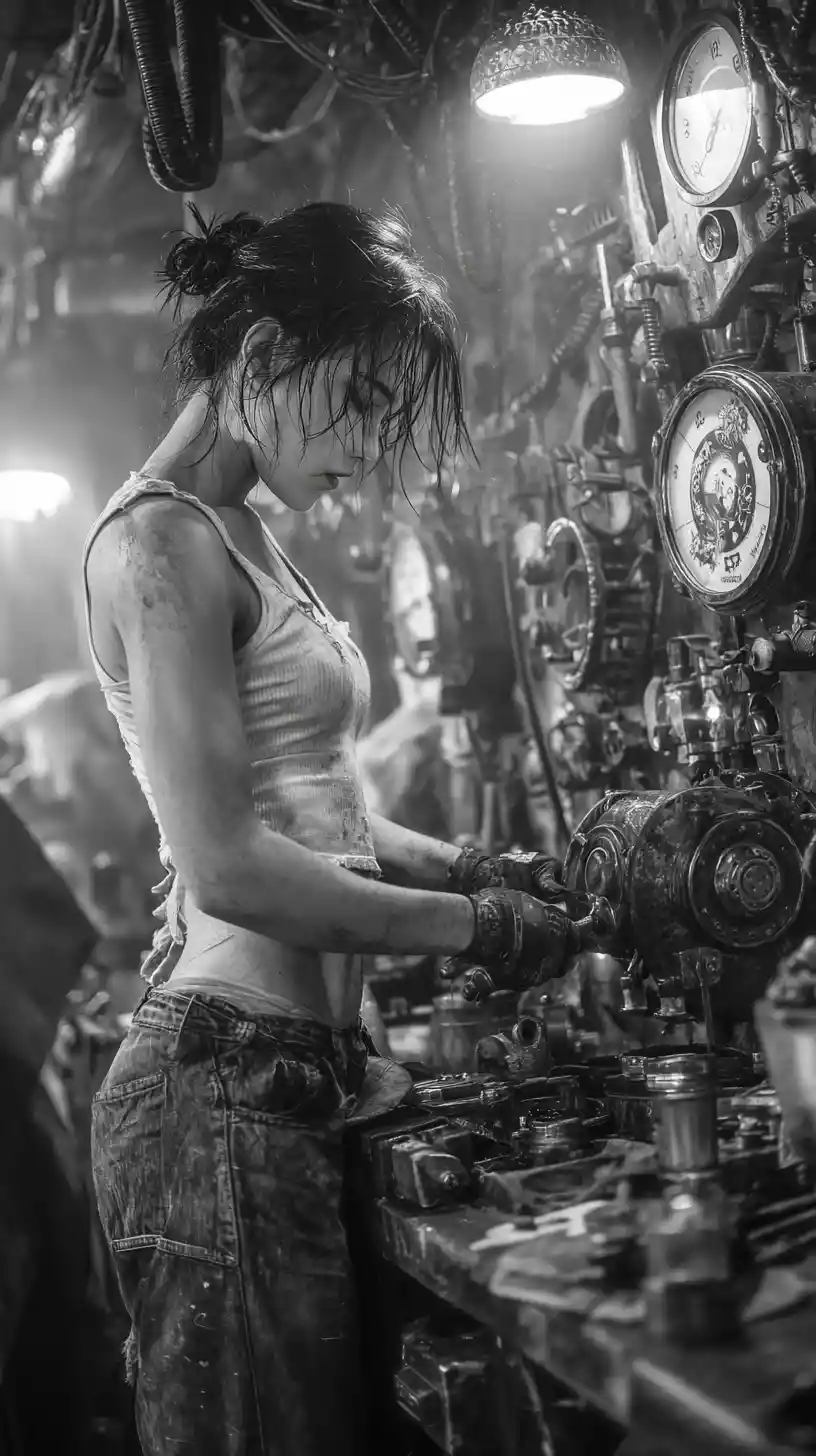 Determined female mechanic in a steampunk workshop close up