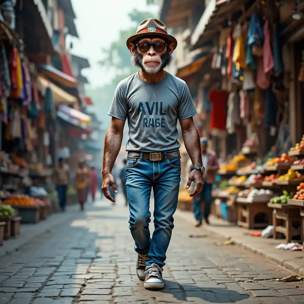 Anthropomorphic Monkey Striding Through Busy Indian Street Market