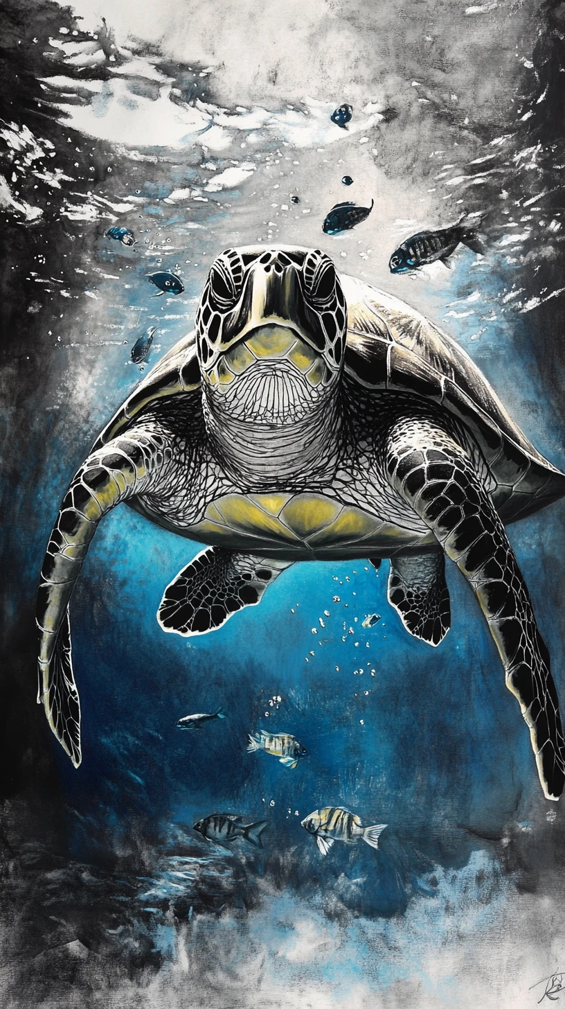 Charcoal sea turtle swimming in a surreal glowing ocean