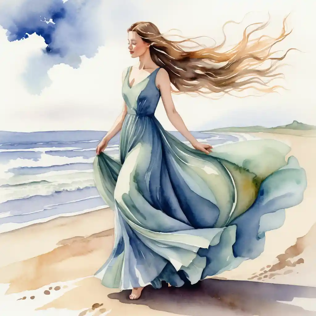Serene woman in flowing gown walking on a breezy day