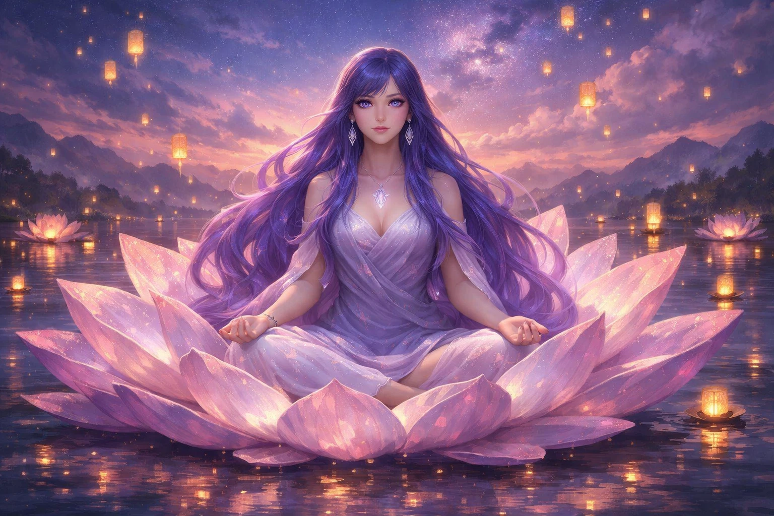 Serene woman on glowing lotus over still water at dusk