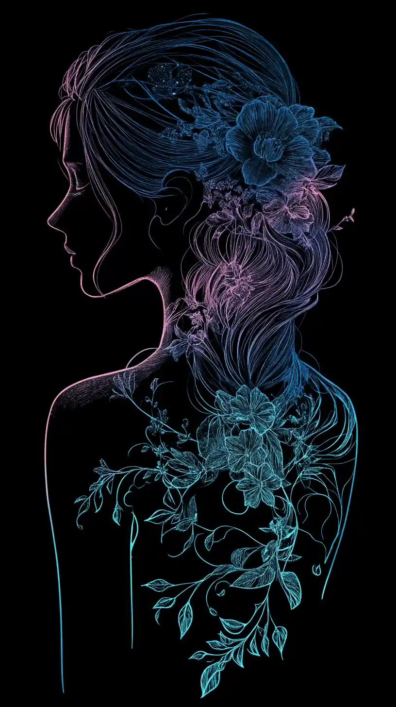 Ethereal tattooed woman with silver hair in neon glow