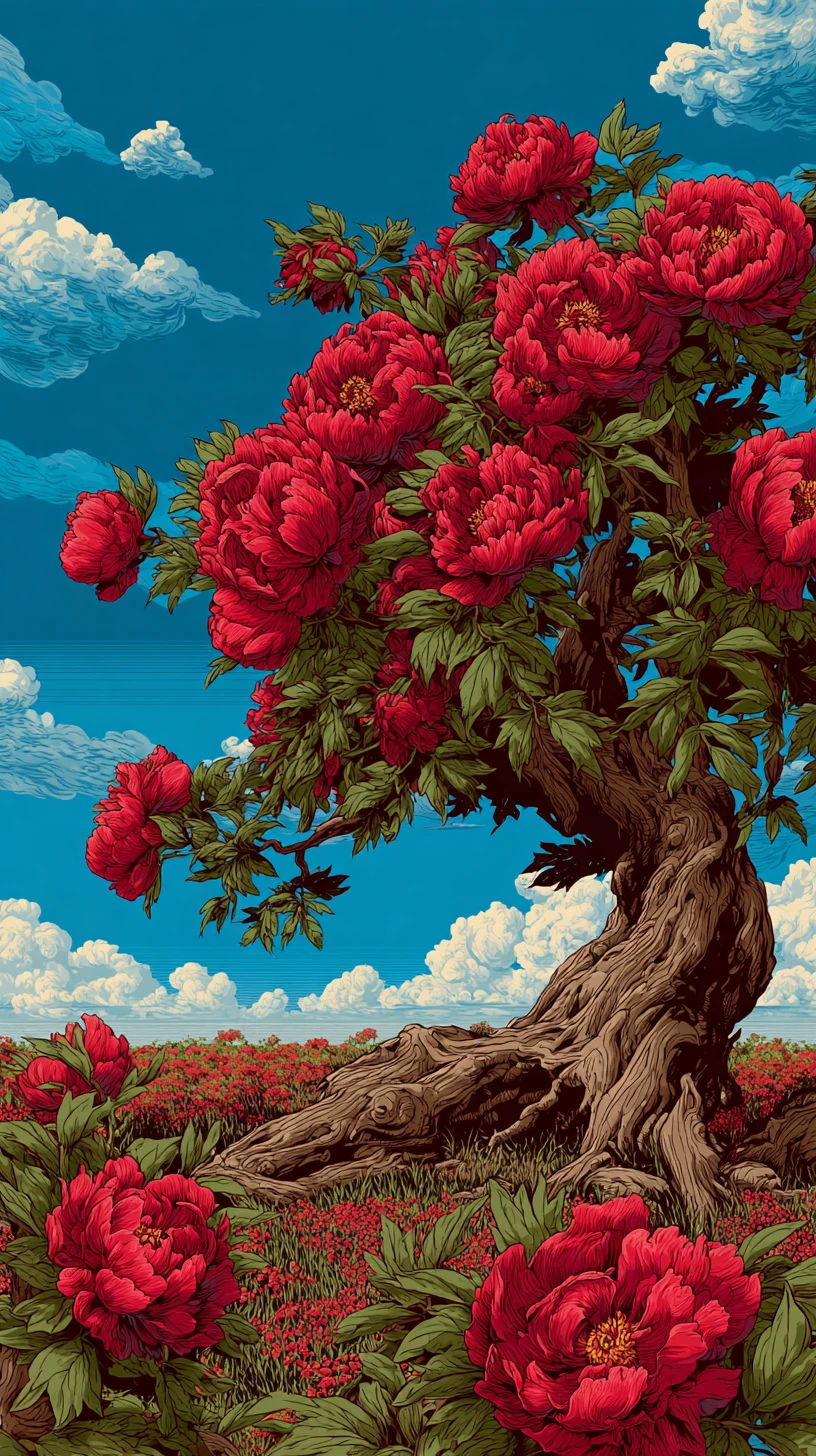 Majestic peony tree rising over a red flower field
