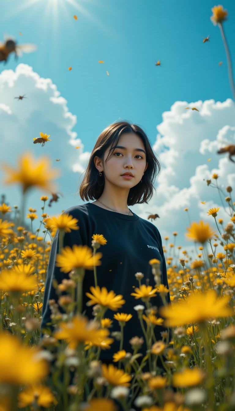 Young woman in wildflowers from dramatic low angle