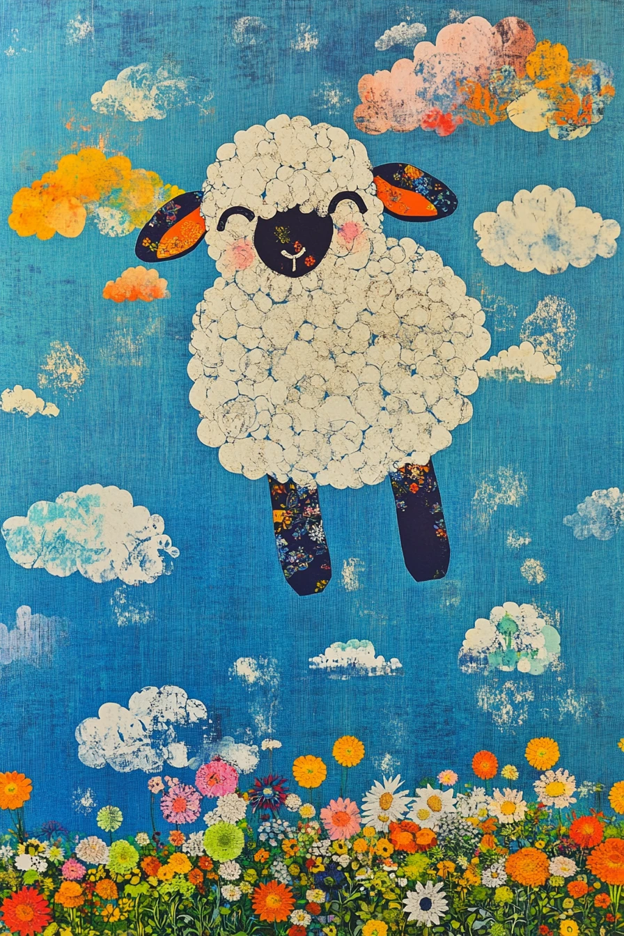 Smiling sheep shaped clouds over a green summer meadow