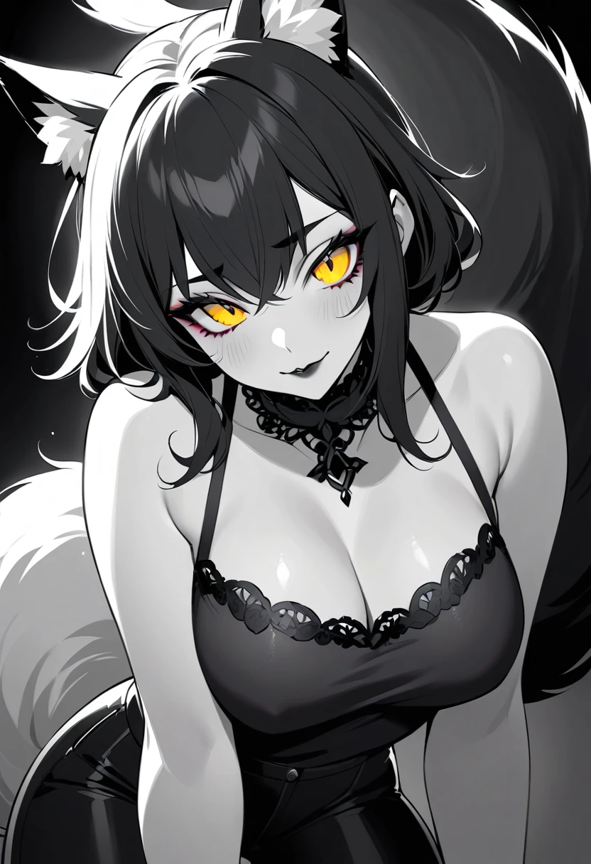 Gothic fox woman with glowing golden eyes in close up