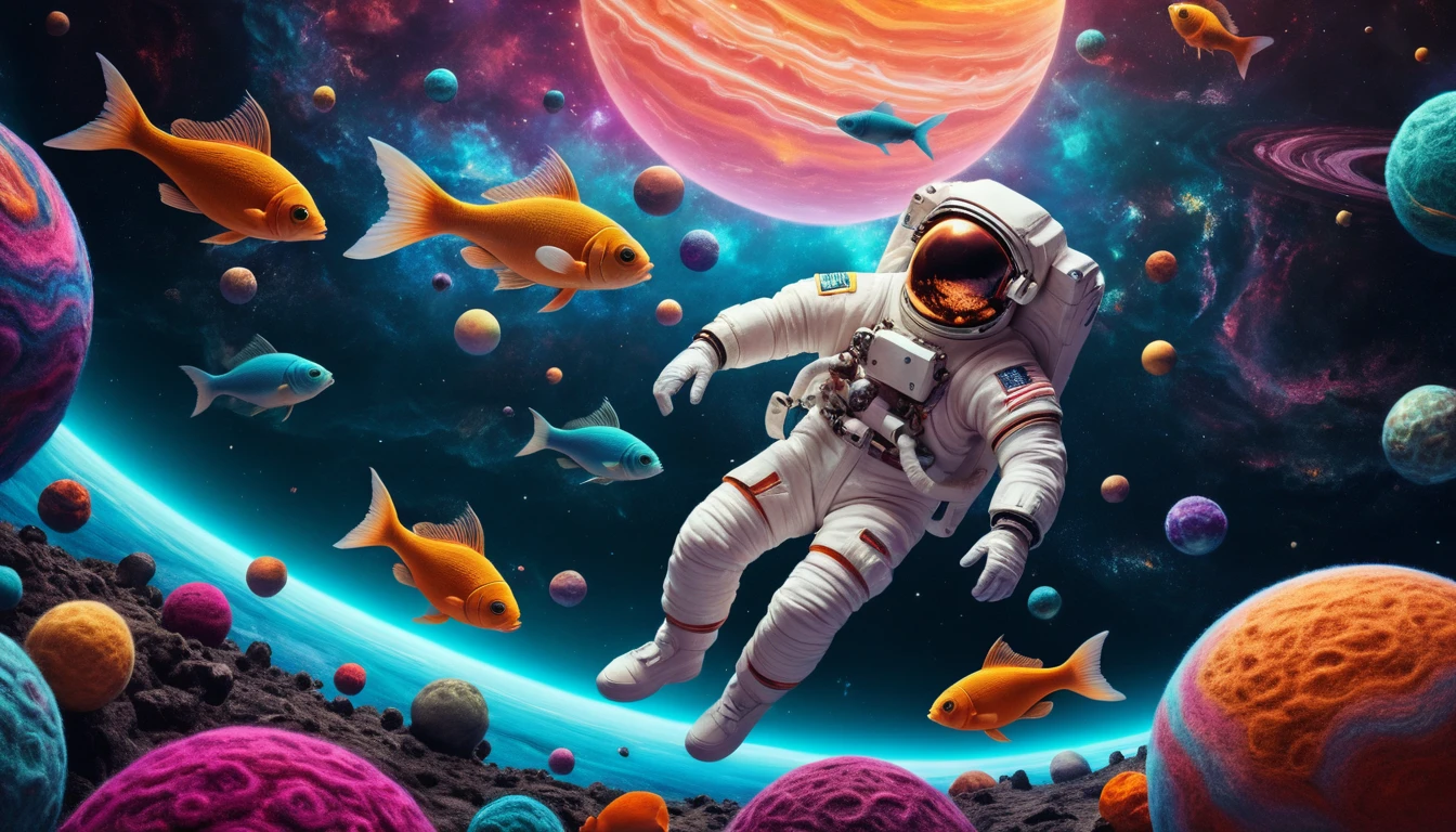 Astronaut Floating Among Glowing Planets In Surreal Felt Space