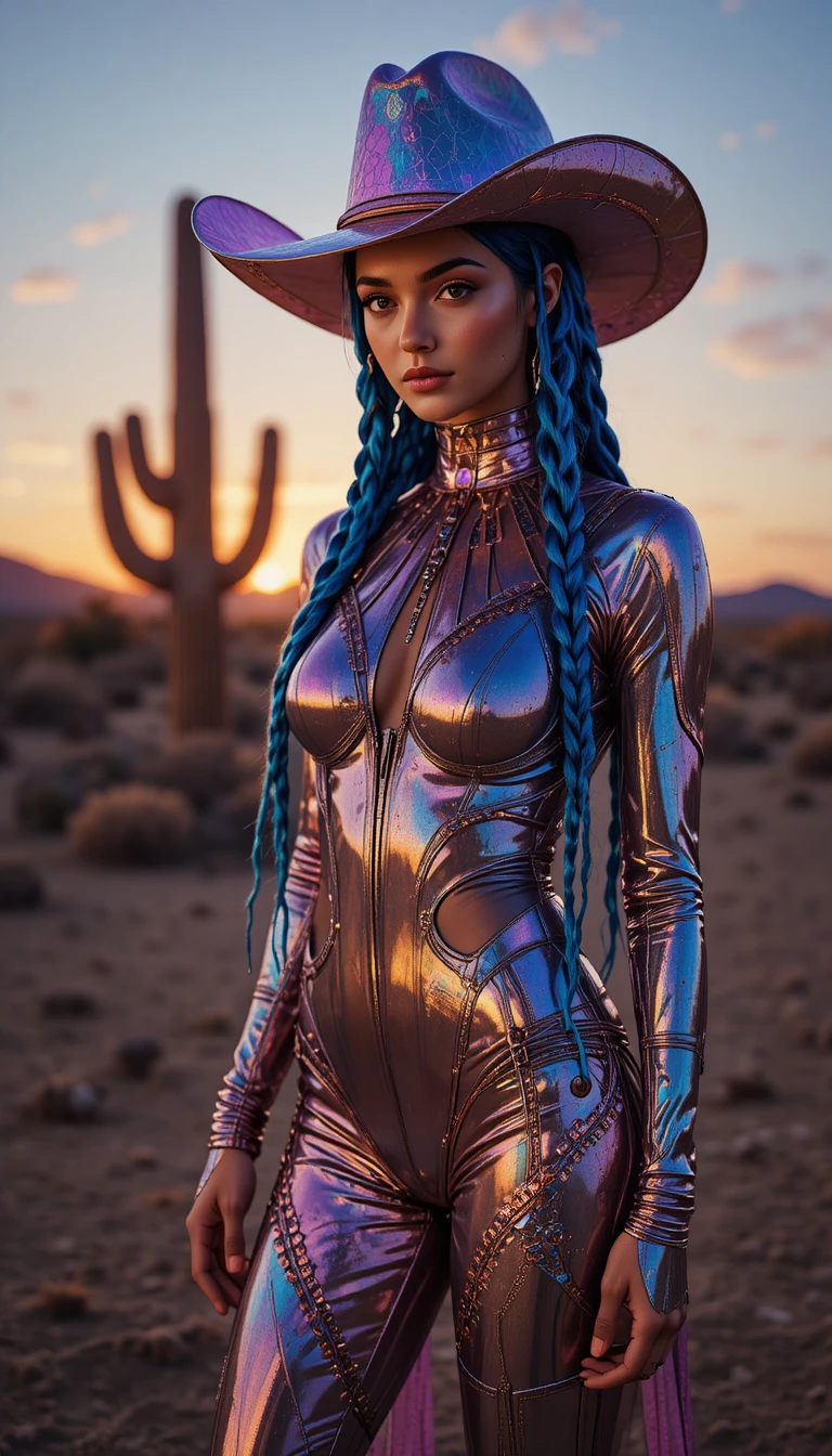 Futuristic cowgirl in metallic armor in a neon sunset desert