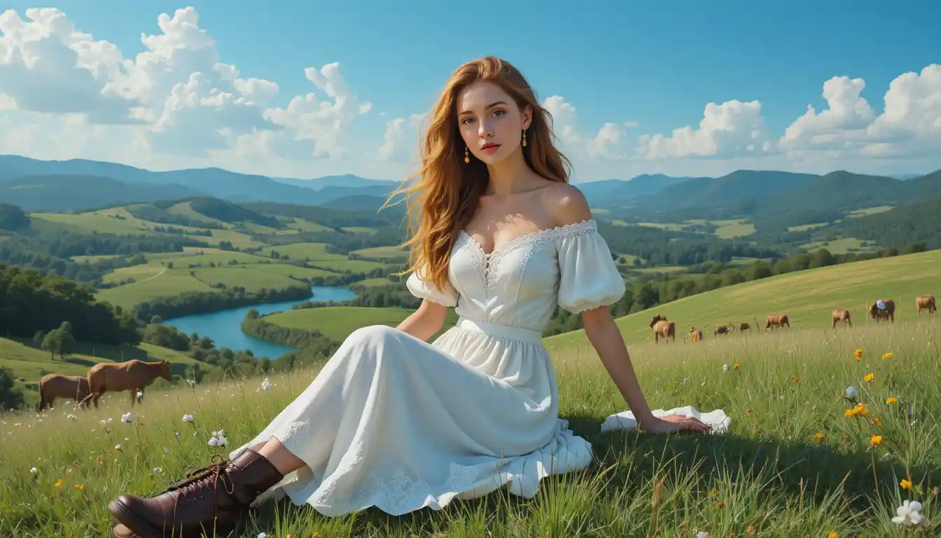 Red haired young woman sitting calmly in a green meadow