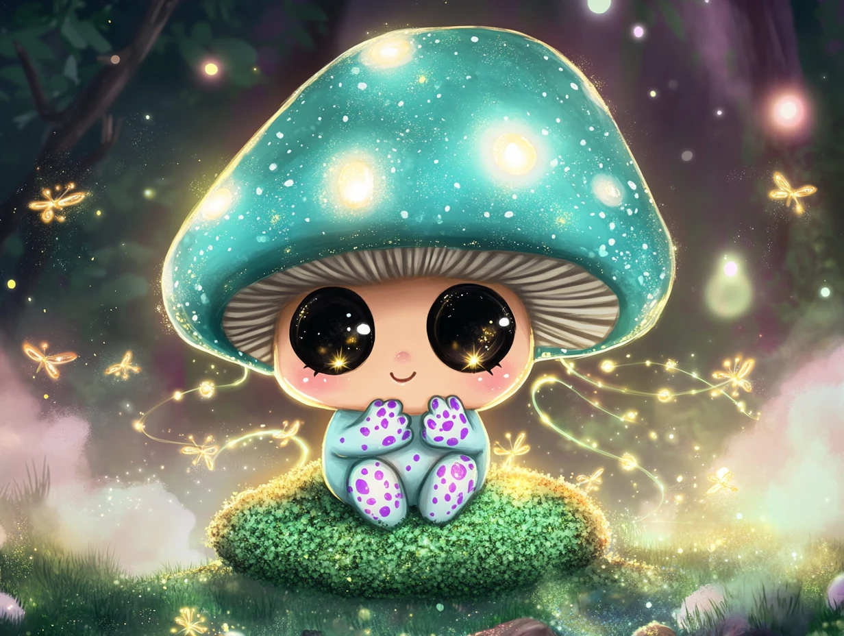 Adorable chibi mushroom spirit on glowing moss cushion