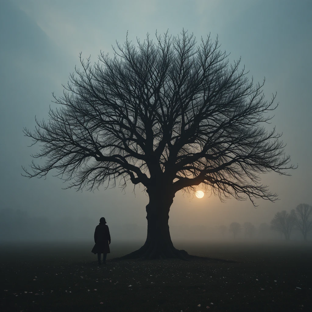 Lonely tree at sunset in a quiet empty landscape