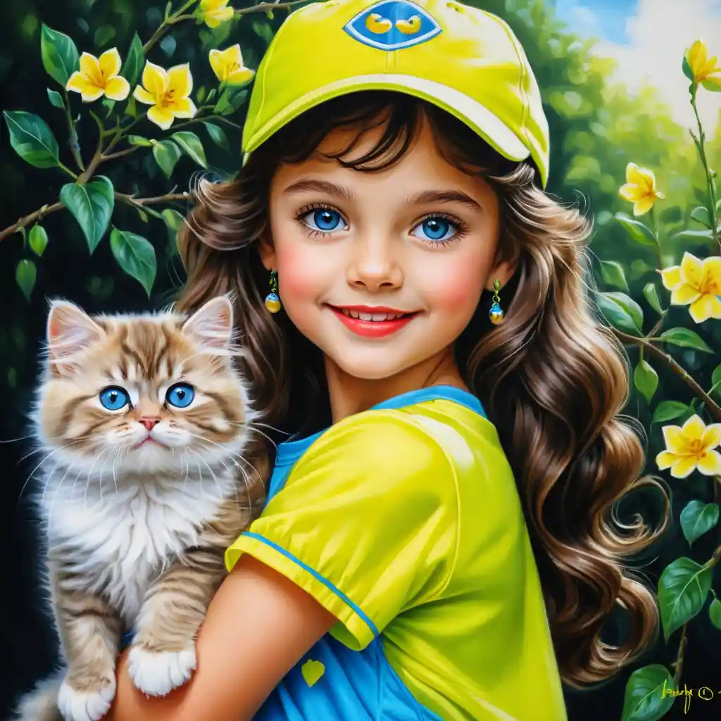 Smiling girl with kitten in bright neon yellow outfit