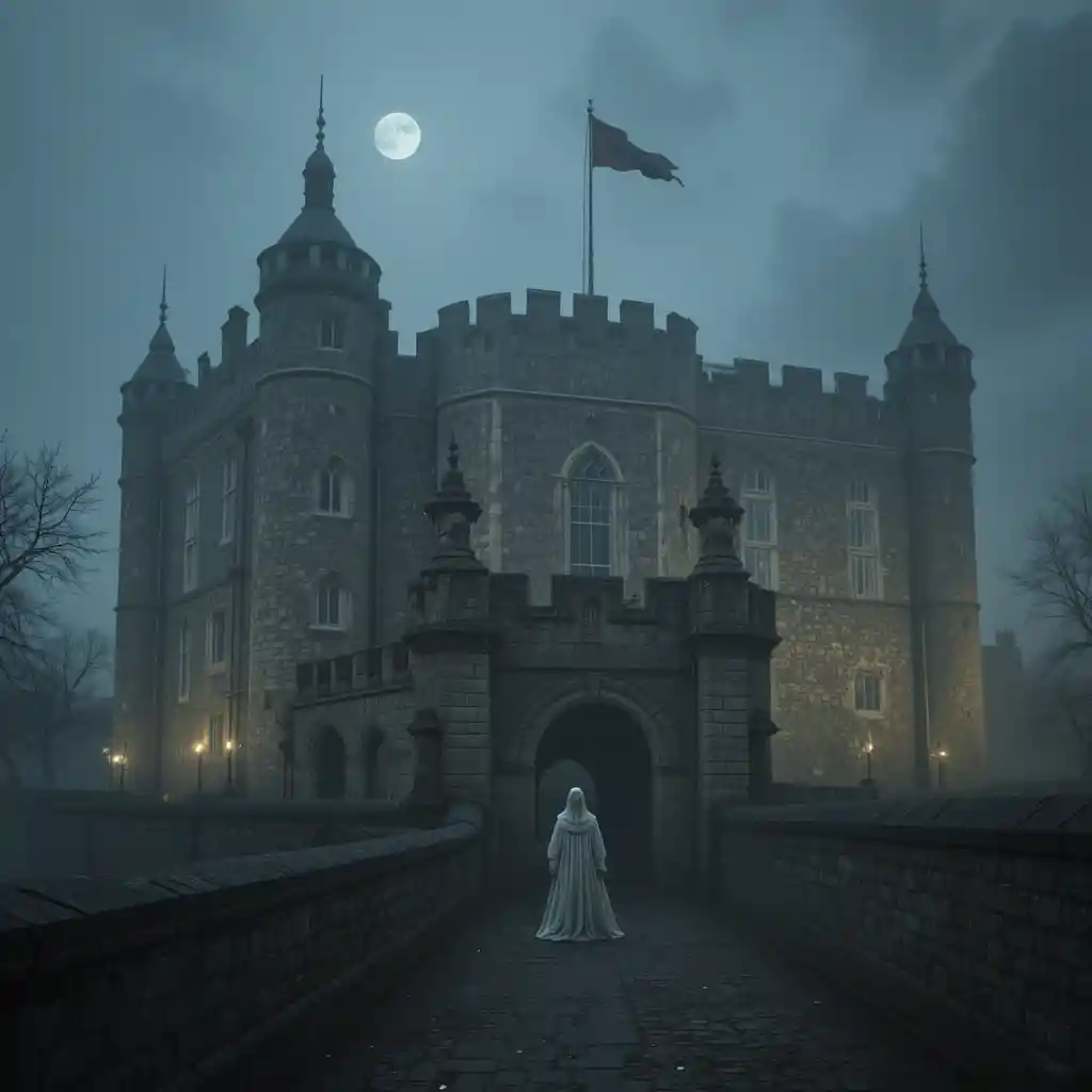 Ghostly tower of london under foggy night sky