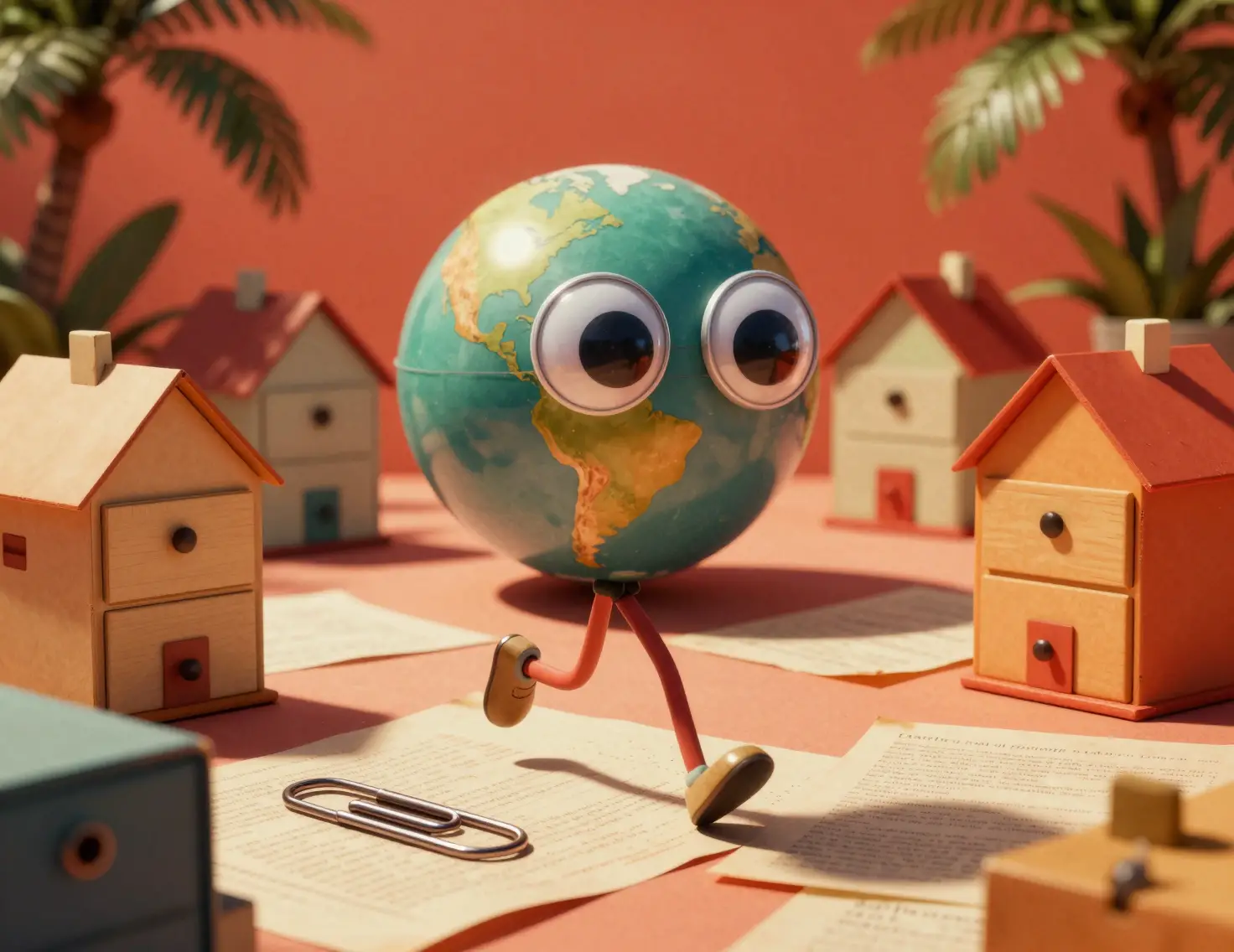 Googly eyed paperclip running through surreal document dreamscape