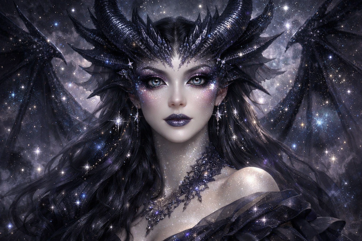 Celestial void dragon goddess with luminous cosmic eyes