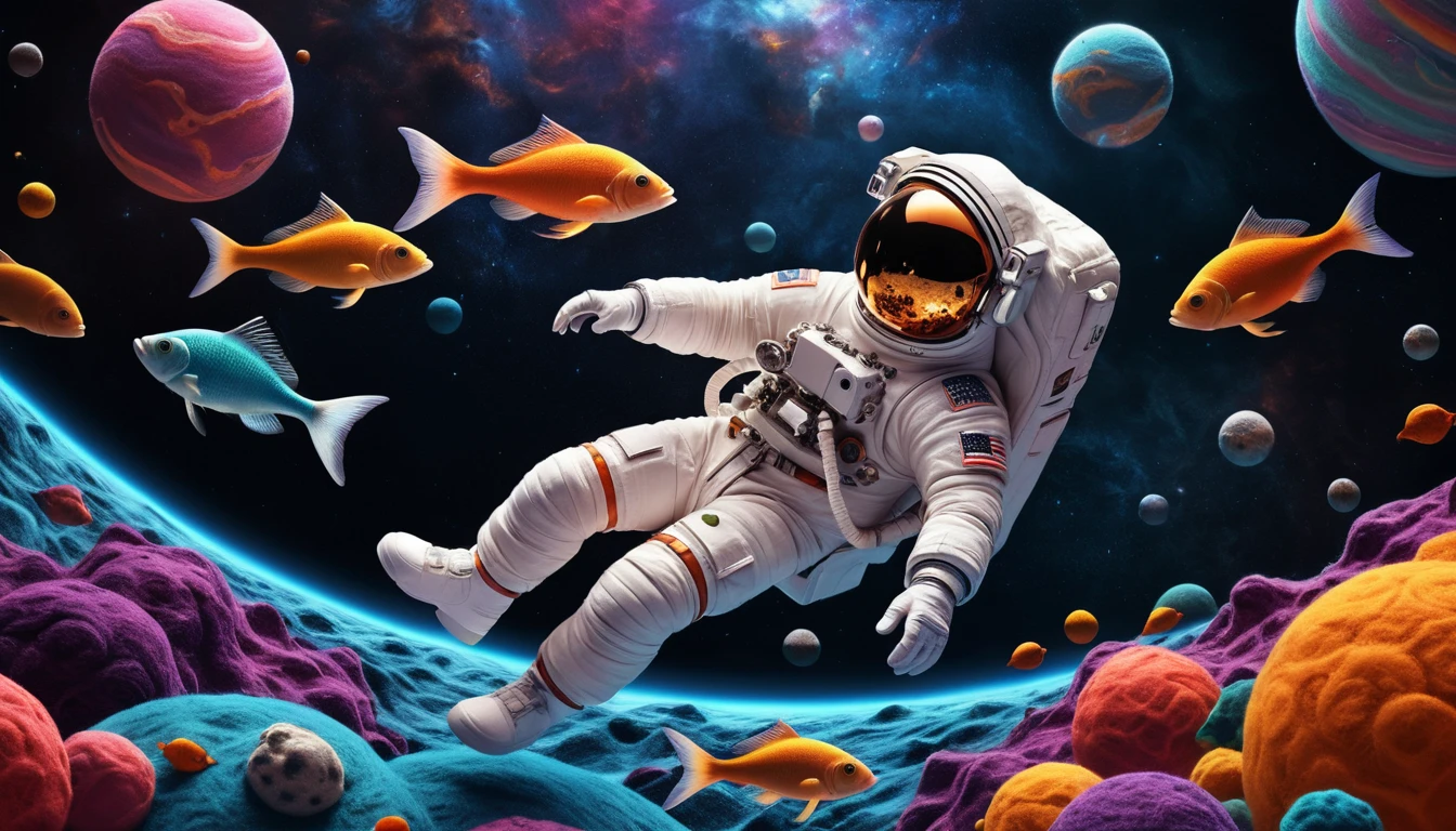 Astronaut Floating Through Surreal Felt Planets In Deep Space