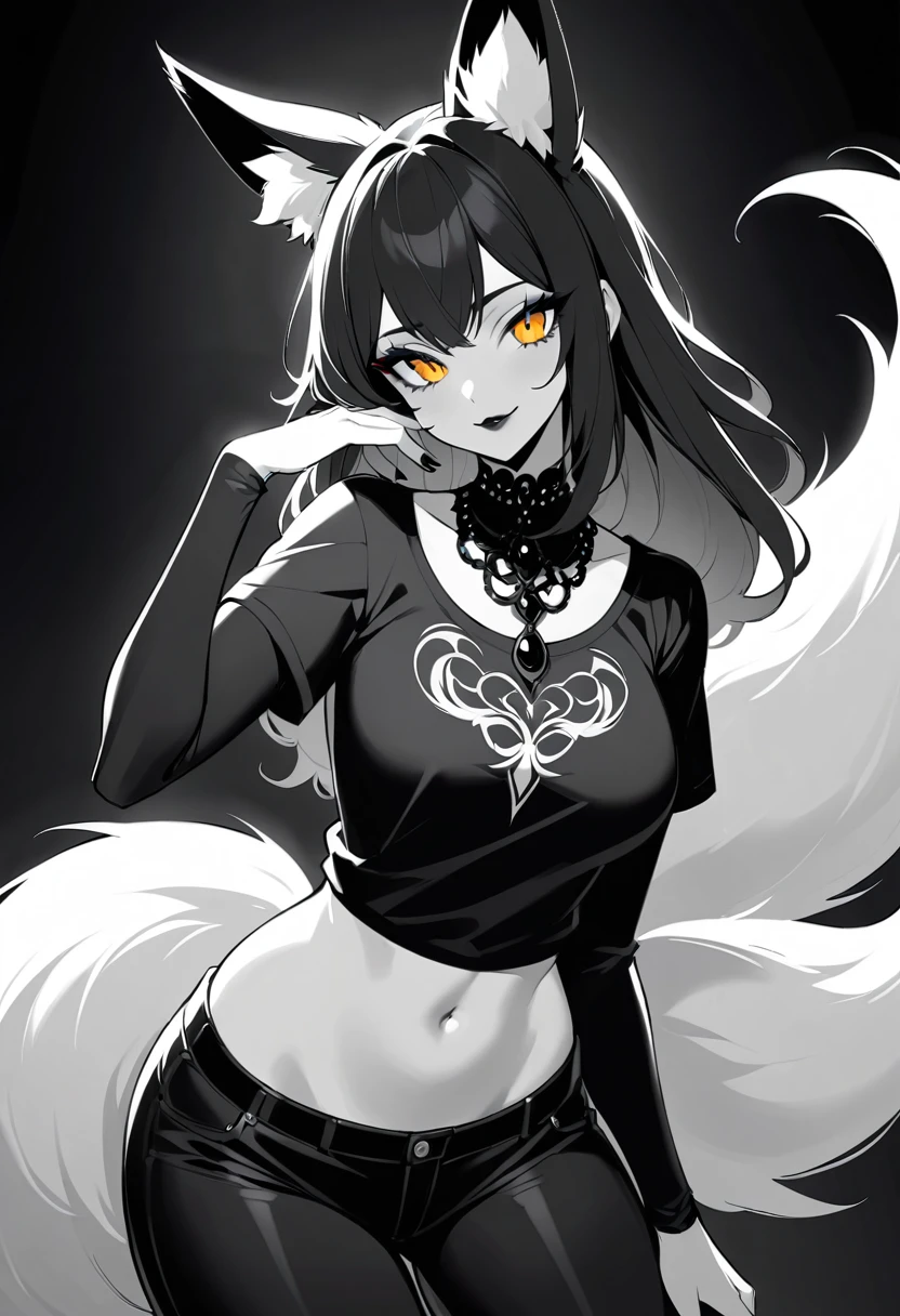 Gothic fox woman close up with glowing golden eyes