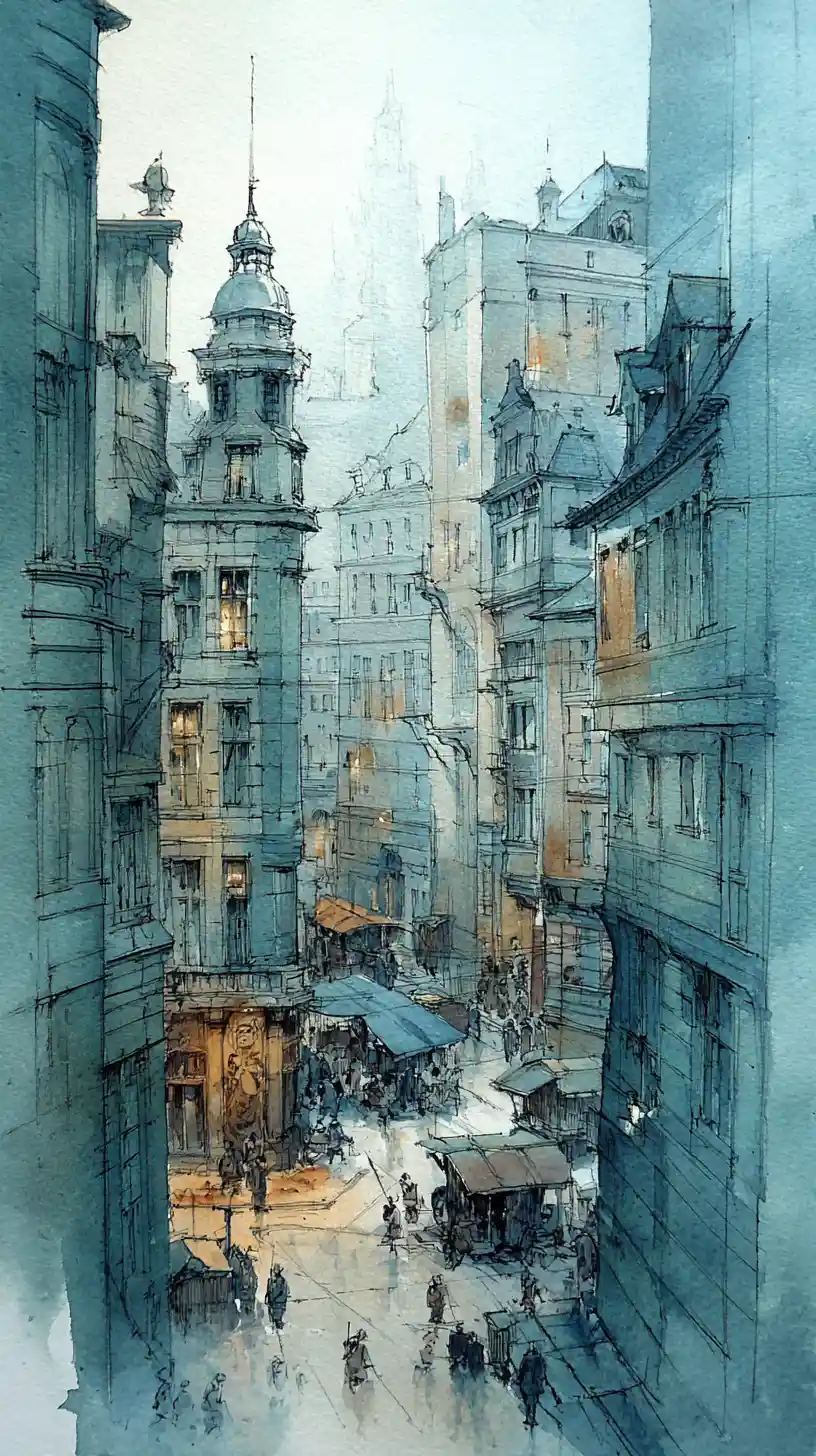 Watercolor view of Hamburg fish market street and alleys