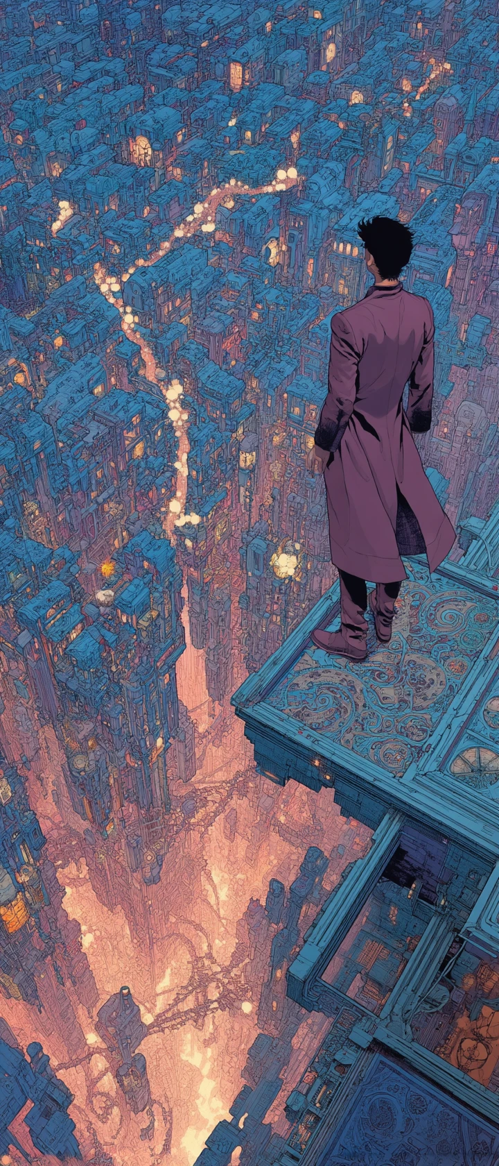 Anime scholar levitating above a shifting glowing map city