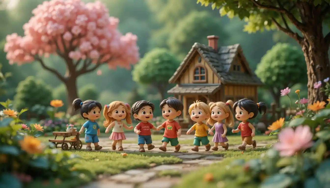 Joyful children playing outdoors in a soft 3D illustration