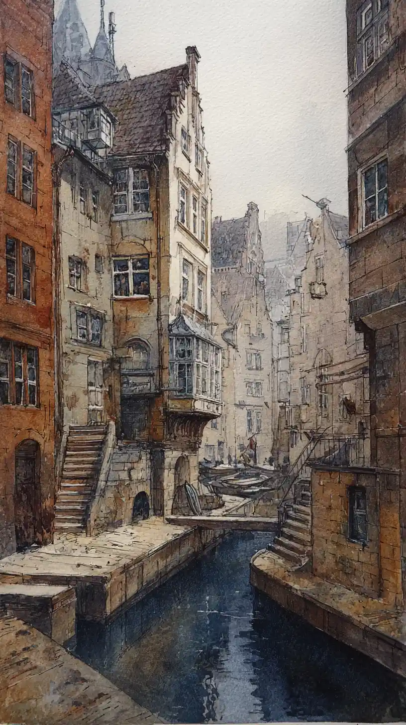 Historic Hamburg fish market in soft watercolor tones