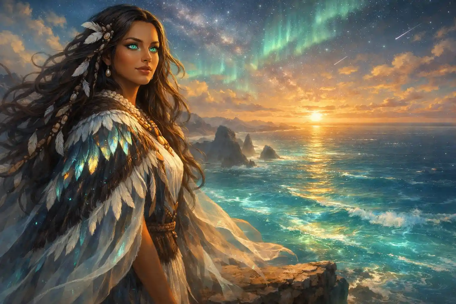 Ethereal woman on cliff above glowing turquoise ocean