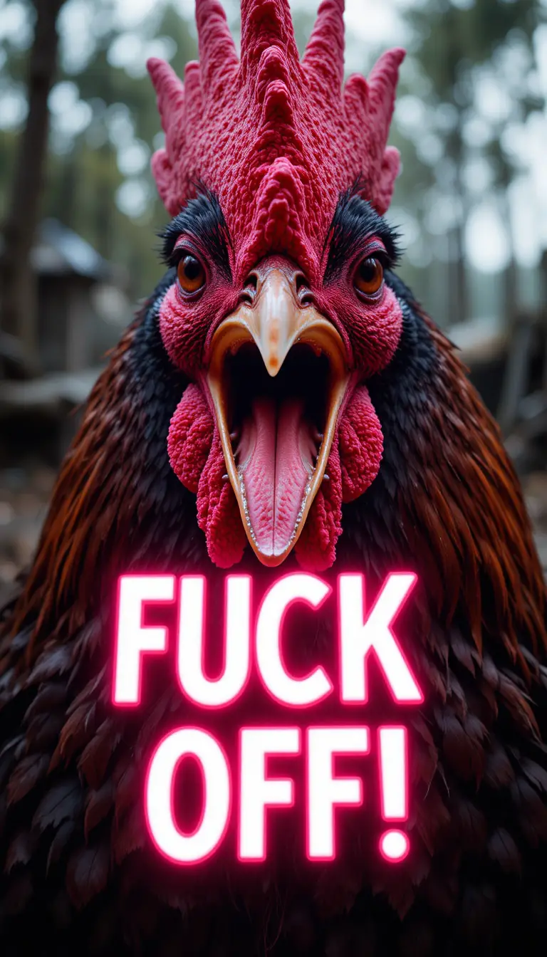 Giant black and red rooster shouting bold neon pink profanity