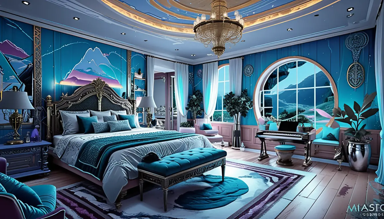 Isometric luxury villa interior in a serene mountain landscape