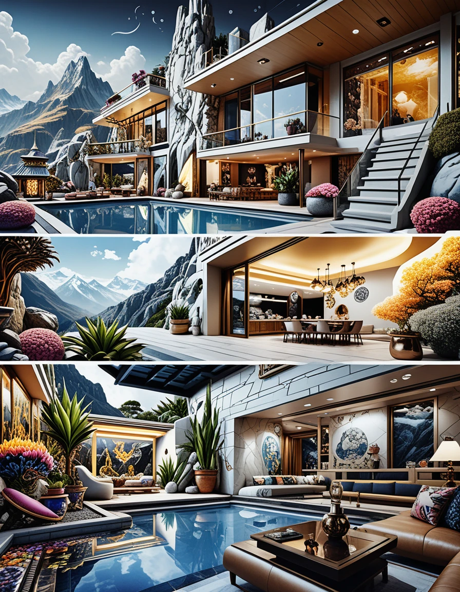 Casa grotta di lusso in un rigoglioso paesaggio montano fantasy