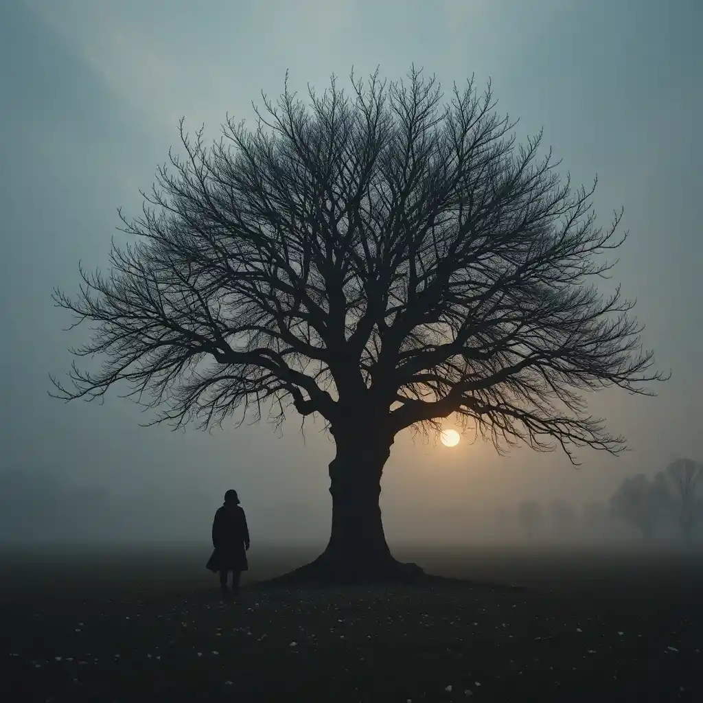 Lonely tree at sunset in a quiet empty landscape