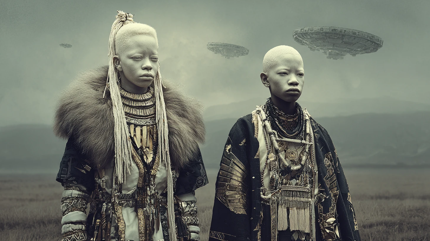 Albino man and boy in futuristic tribal symbiosis scene
