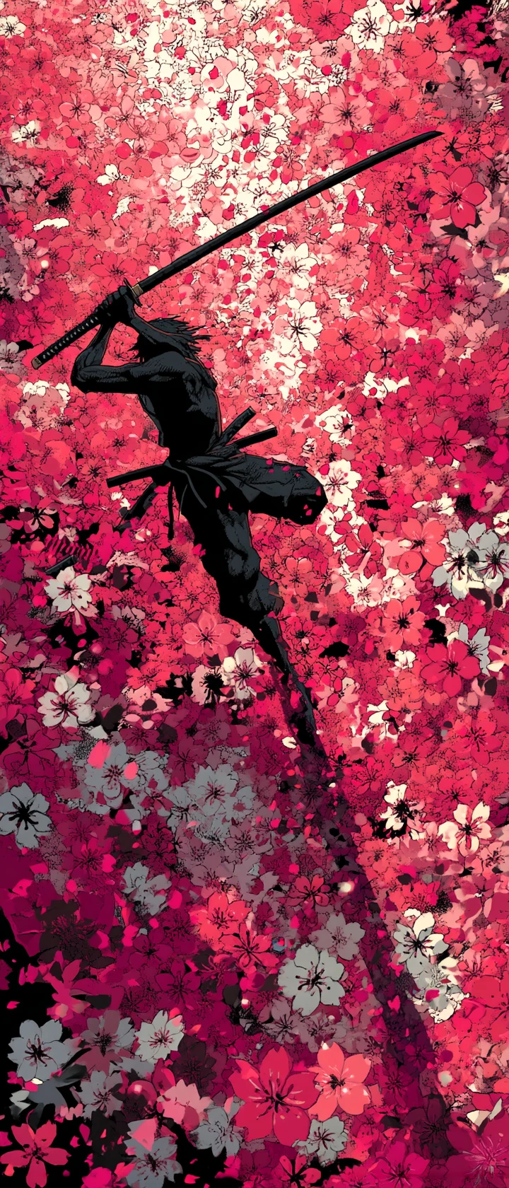 Mujer samurái de anime saltando a través de un muro de flores de cerezo