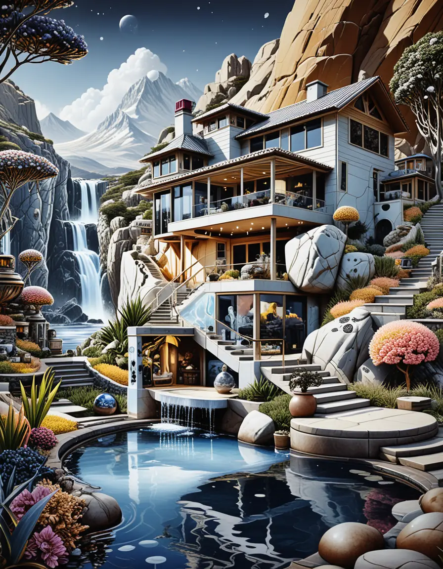 Luxuriöses Höhlenhaus in üppiger Fantasie-Berglandschaft