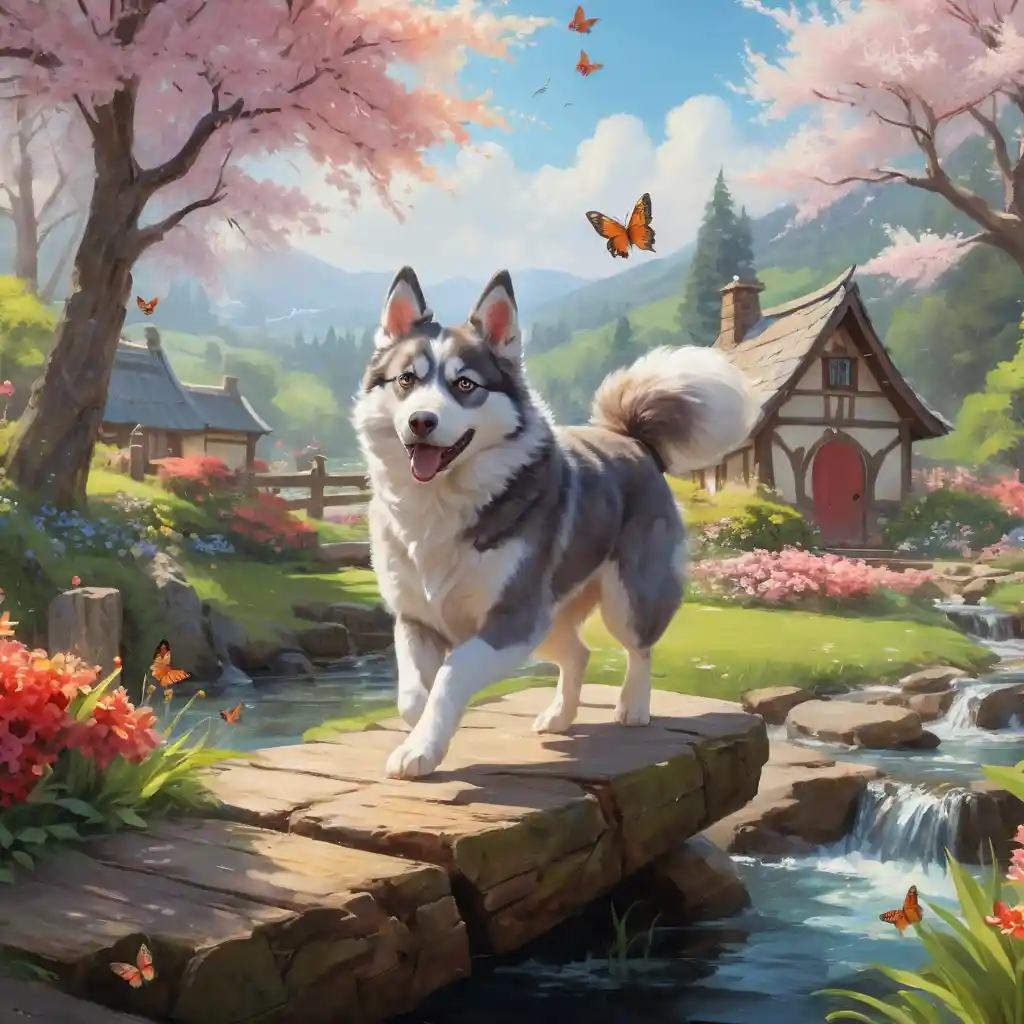 Fröhlicher Husky springt über einen Felsen im Frühlingsgarten