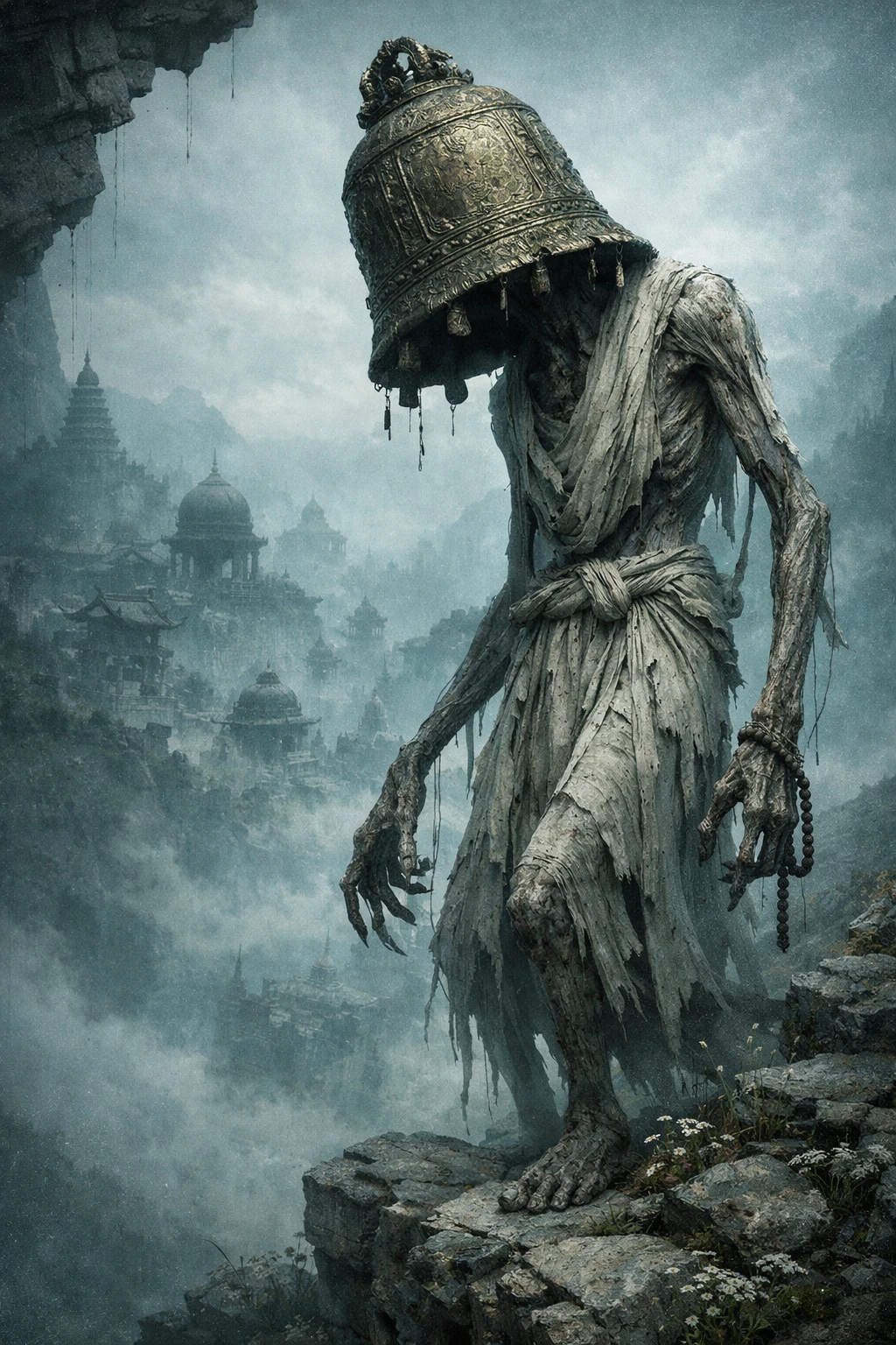 Tall bell headed guardian on misty mountain ruins
