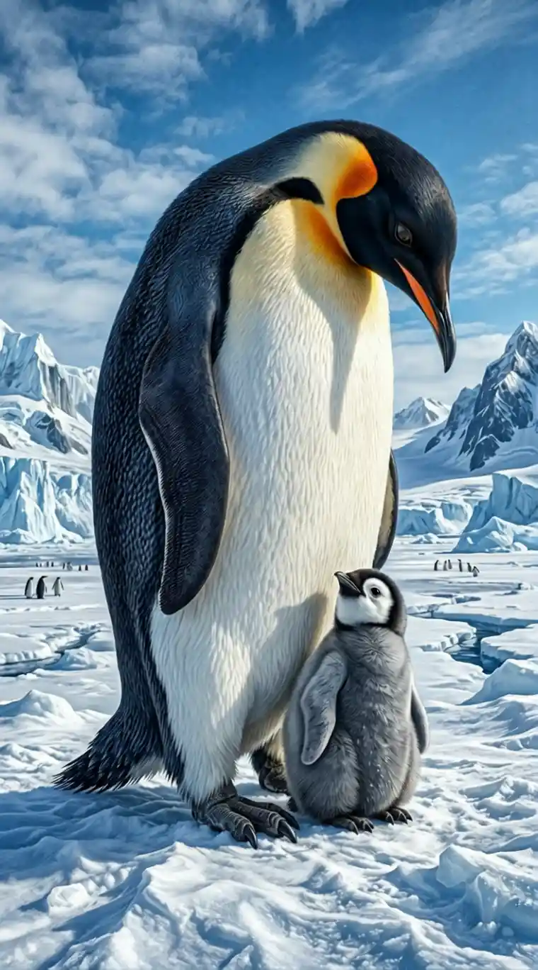 Emperor penguin towering over baby on bright snowy plain