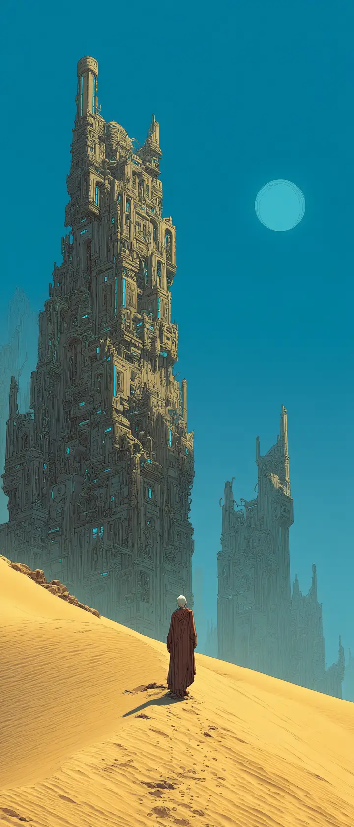 Vagabundo de anime sobre una vasta ciudad desértica biomecánica