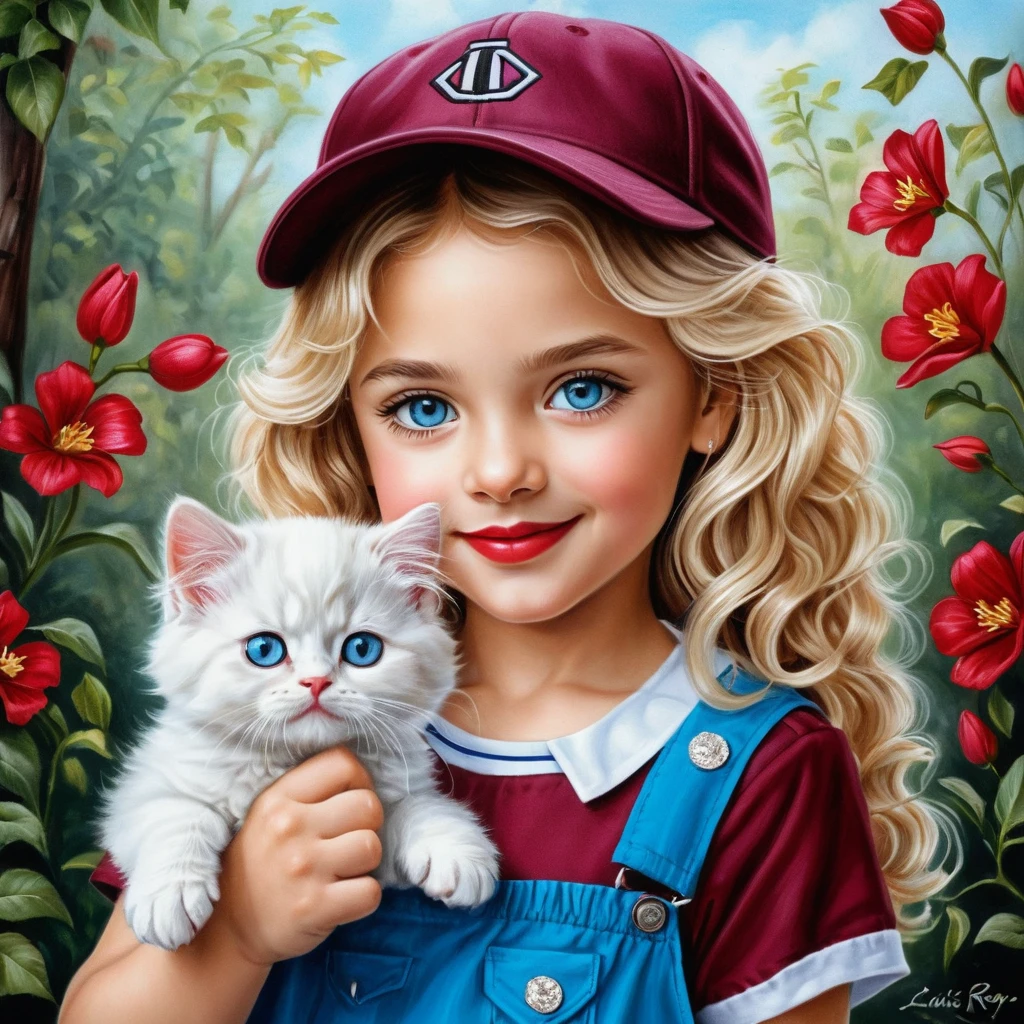 Smiling blonde girl in spring with kitten and burgundy outfit