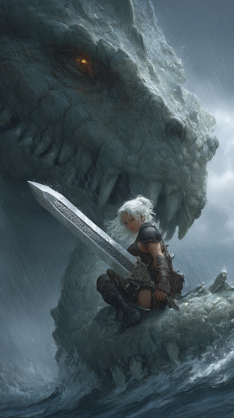 White haired warrior on sea dragon in stormy moonlight