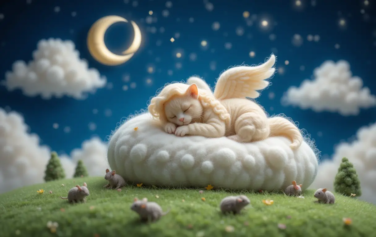 Felted angel cat sleeping on a cloud at night