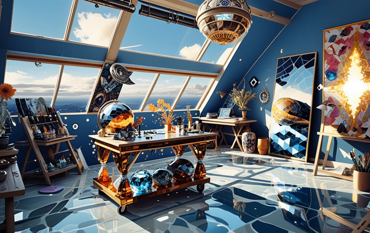 Solar punk loft studio with crystal displays and canvas