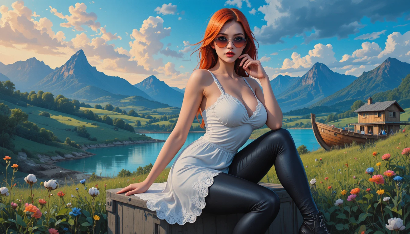 Red haired girl in white dress sitting in sunny meadow