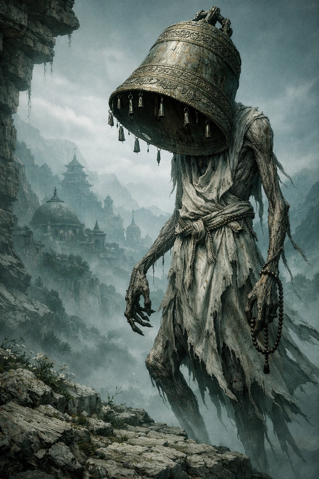 Tall bell headed guardian on a misty mountain cliff