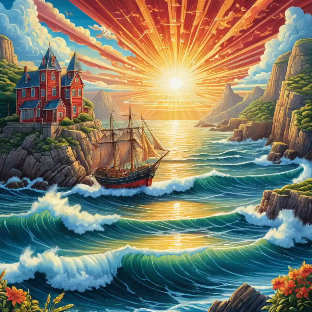Colorful seaside town and ship under radiant summer sky
