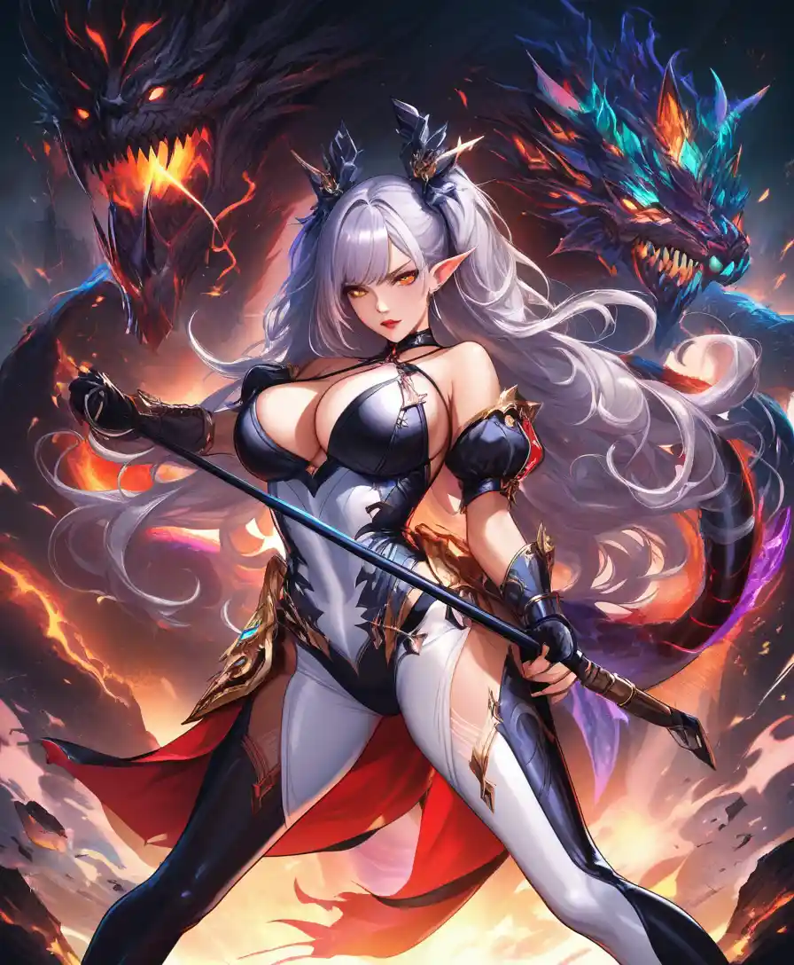 Fantasy Dragon Warrior Woman In Dynamic Pixel Art Pose