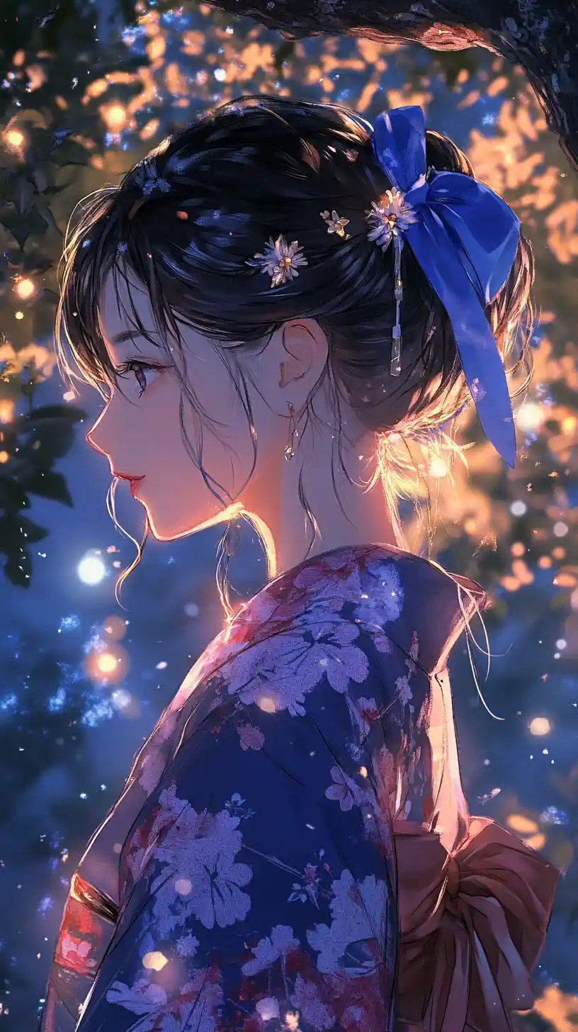 Ragazza anime in yukata sotto un albero luminoso in una notte d’estate