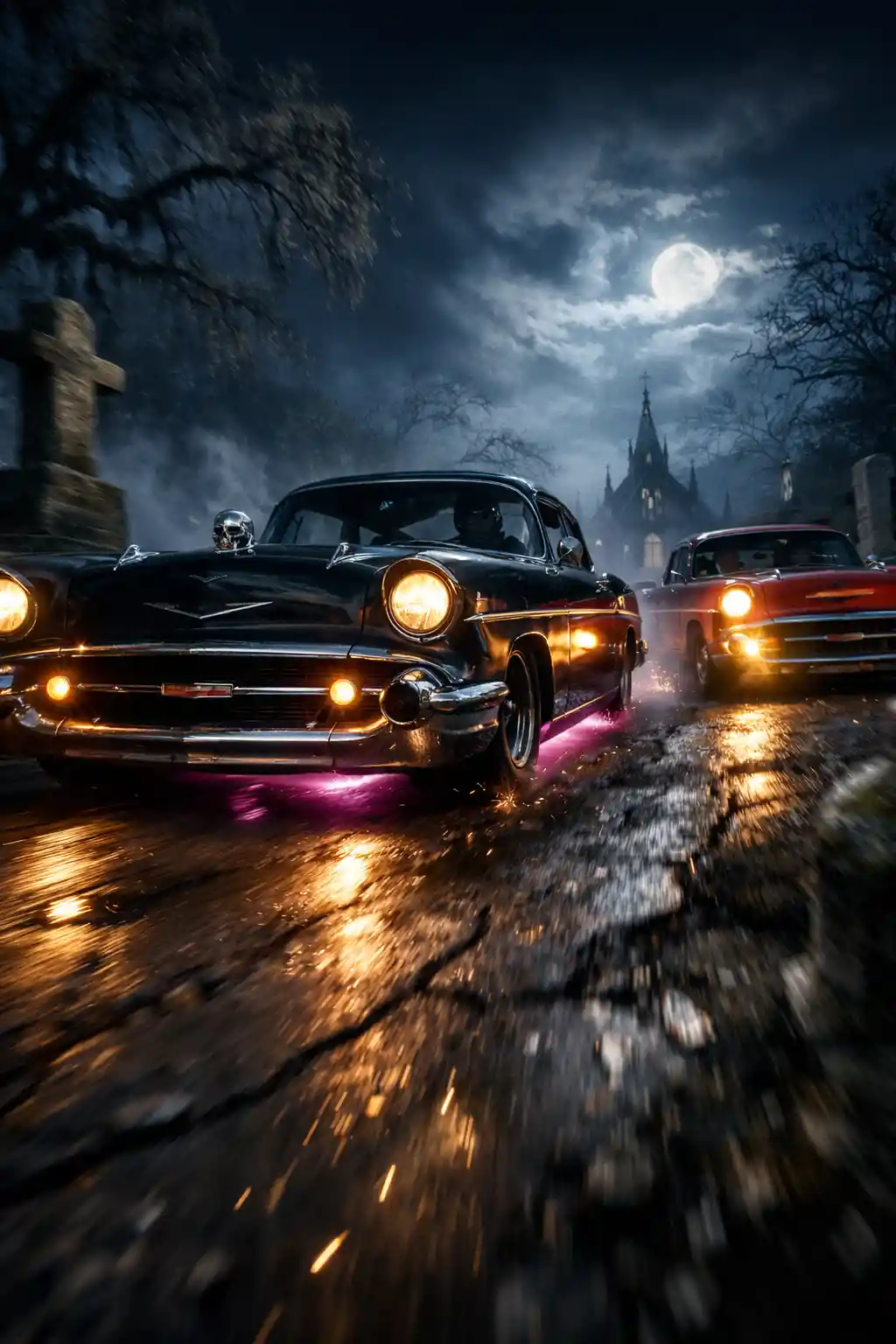 Nighttime drag race between classic cars in a foggy cemetery