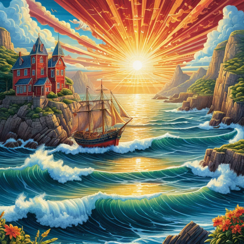 Colorful seaside town and ship under radiant summer sky