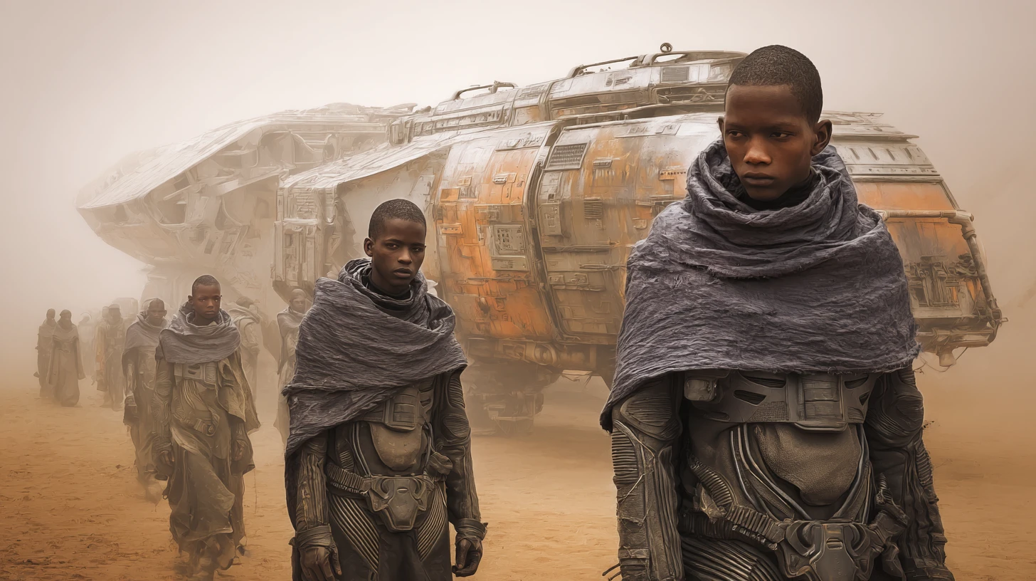 African children in dark robes on a futuristic sci fi world