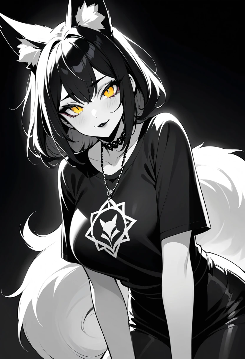 Gothic fox woman with glowing golden eyes in close up